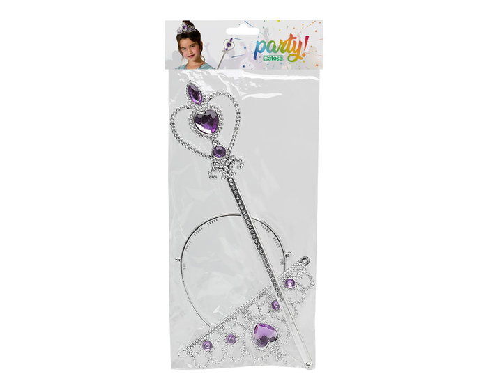 Tiara en Argent avec Coeurs et Baguette Magique Mauve - Accessoire pour Princesse Enfant, Fête d'Anniversaire et Carnaval