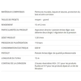 Wagner Station de peinture airless HEA CS350R - Débit 1,5 L/min - Rendement 15 m²/2 min - Pistolet hybride et buses Pro
