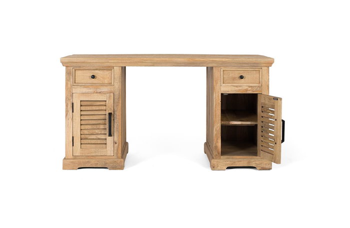 GINER Y COLOMER Bureau en bois de manguier naturel avec 2 portes et 2 tiroirs, meuble de travail artisanal en teinte naturelle