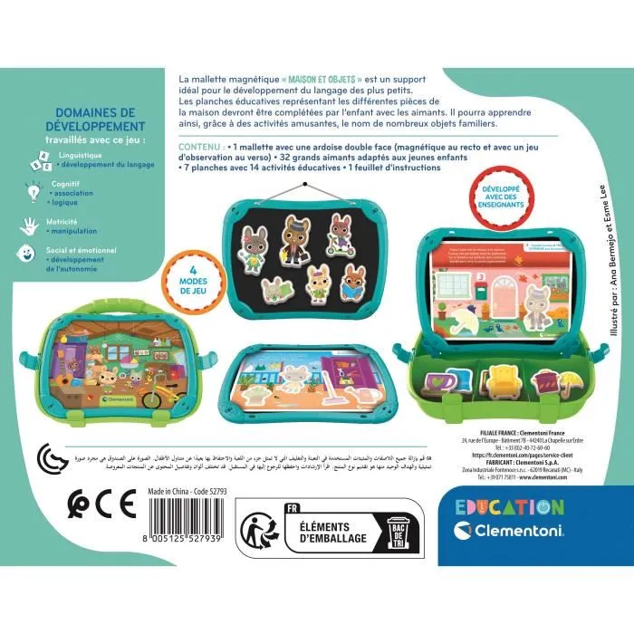 CLEMENTONI - Mallette magnétique éducative Mots et Objets - Jeu d'apprentissage vocabulaire et logique - Pour enfants dès 2 ans