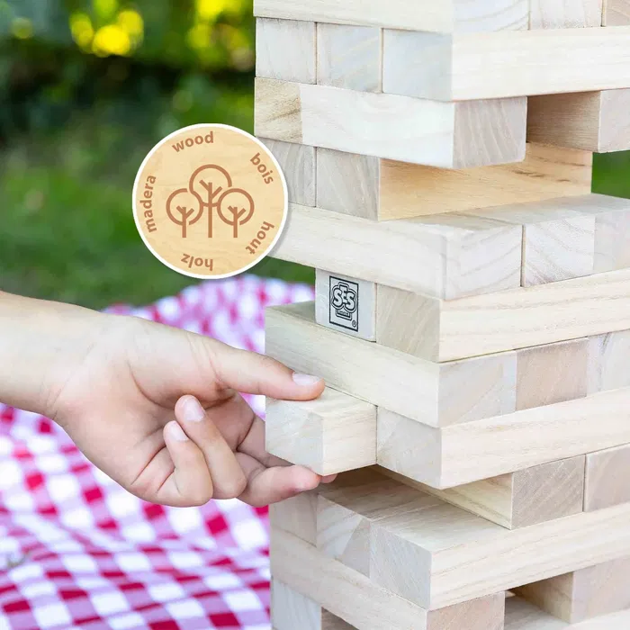 SES CREATIVE - Tour Tumbling XXL, jeu d'empilage et d'adresse en bois massif pour extérieur, 51 blocs, activité motrice pour enfants et familles dès 5 ans