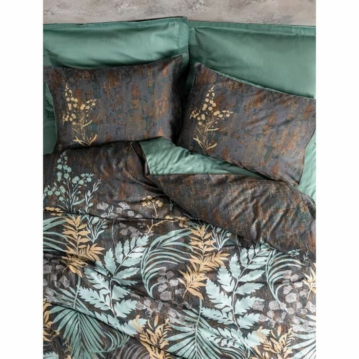 BigBuy Home Parure de lit Satin King Menthe, Anthracite et Marron