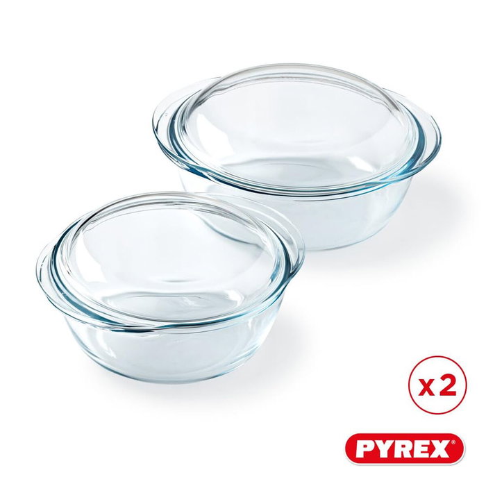 Pyrex Lot de 2 cocottes rondes en verre transparent