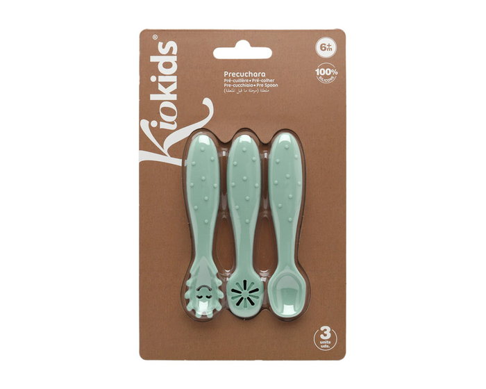 KioKids Set de Couverts en Silicone pour Bébé, Vert - 3 Pièces (Pré-Cuillère, Cuillère, Pré-Fourchette) - Dès 6 Mois, Sécuritaire, Facile à Saisir