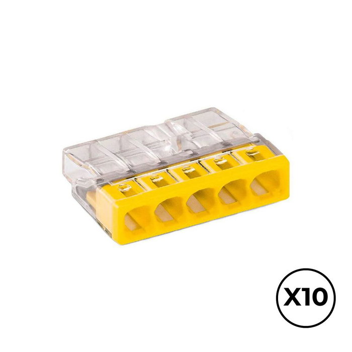 Wago Connexion rapide 5 voies, 0,5-2,5 mm², transparent/jaune, 10 pièces, 450V/24A Wago Connexion rapide 5 voies, 0,5-2,5 mm², transparent/jaune, 10 pièces, 450V/24A