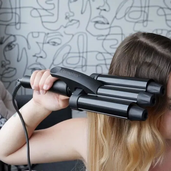 Saint Algue Demeliss WAVES BLACK Fer à onduler 3 cylindres céramique tourmaline 10 températures (120-210°C) avec spray texturisant Deep Waves 150ml pour cheveux ondulés et bouclés