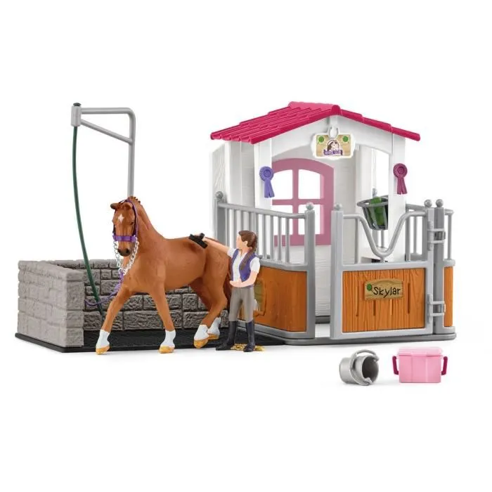 Schleich 72177 Horse Club, Aire de lavage avec box à cheval, figurine cheval et cavalier, pour enfants dès 5 ans