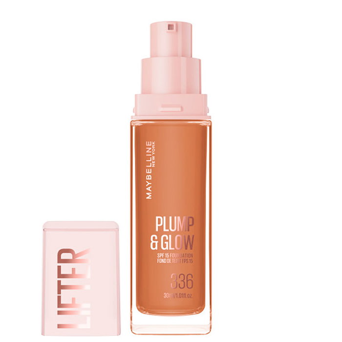 Maybelline Fond de teint soin Lifter Plump & Glow N° 336 - 30 ml - Hydratation 24h - Niacinamide - Acide hyaluronique - Teint lumineux et repulpé
