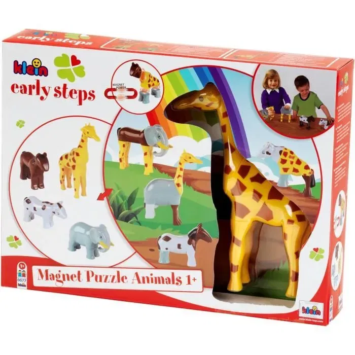 KLEIN 0065 - Puzzle magnétique Funny Puzzle 4 grands animaux en plastique (cheval, vache, girafe, éléphant) - 16 pièces interchangeables - Jouet éducatif dès 12 mois