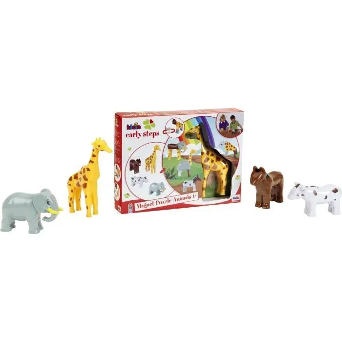 KLEIN 0065 - Puzzle magnétique Funny Puzzle 4 grands animaux en plastique (cheval, vache, girafe, éléphant) - 16 pièces interchangeables - Jouet éducatif dès 12 mois