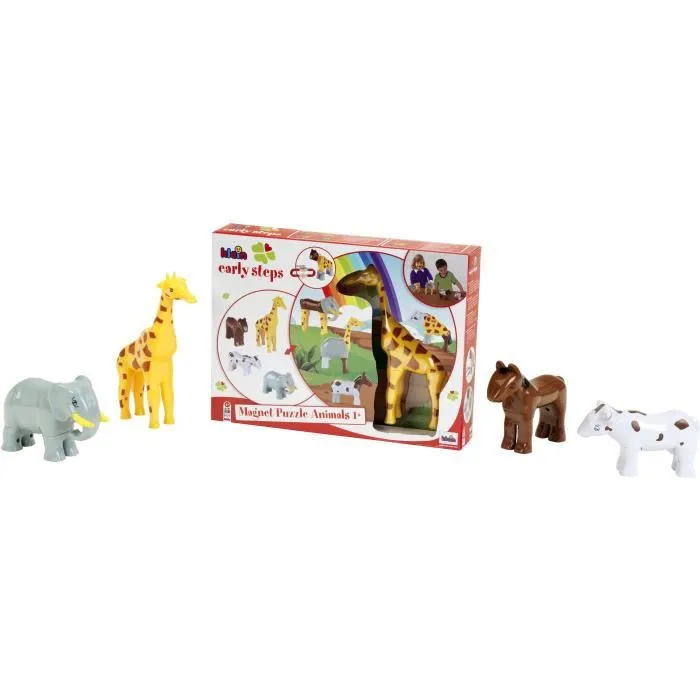 KLEIN 0065 - Puzzle magnétique Funny Puzzle 4 grands animaux en plastique (cheval, vache, girafe, éléphant) - 16 pièces interchangeables - Jouet éducatif dès 12 mois