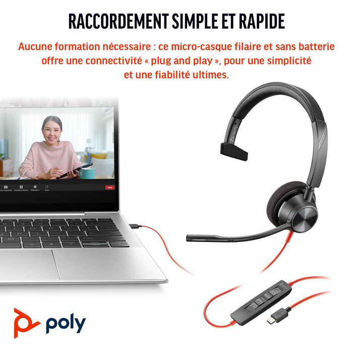 Poly Micro-casque Blackwire 3310 certifié Microsoft Teams avec adaptateur USB-C / USB-A et conforme TAA