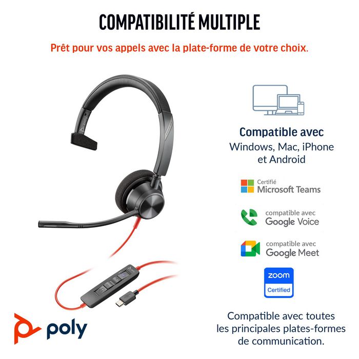 Poly Micro-casque Blackwire 3310 certifié Microsoft Teams avec adaptateur USB-C / USB-A et conforme TAA