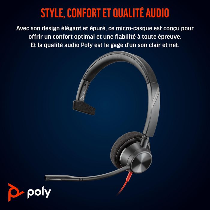 Poly Micro-casque Blackwire 3310 certifié Microsoft Teams avec adaptateur USB-C / USB-A et conforme TAA
