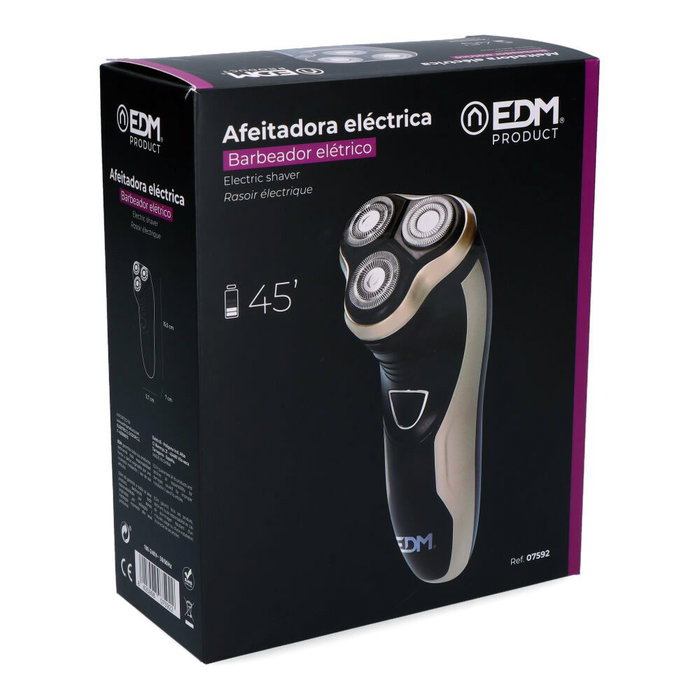 Edm Rasoir électrique rechargeable 3 W, triple tête flottante, autonome 45 min, noir et doré Edm Rasoir électrique rechargeable 3 W, triple tête flottante, autonome 45 min, noir et doré