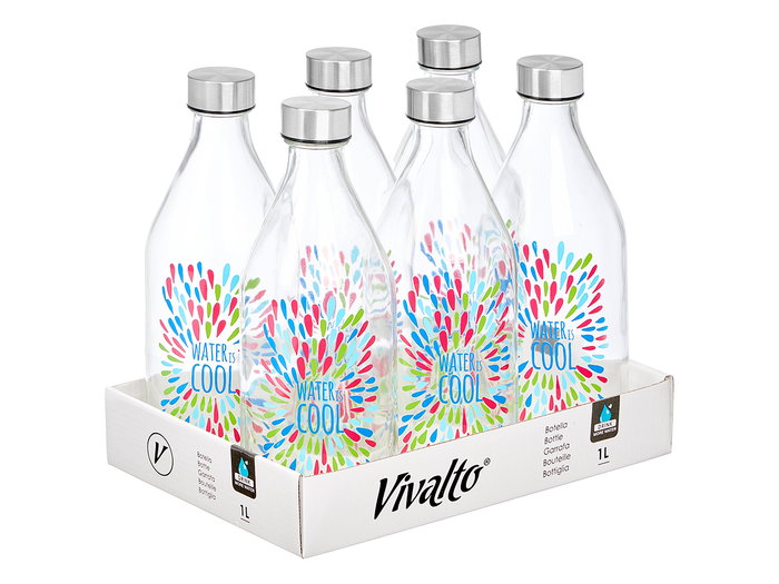 Vivalto Bouteille avec bouchon en acier Water Cool 1 L verre et acier 9x26x9 cm transparent argent (Set de 12)