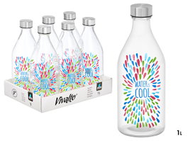 Vivalto Bouteille avec bouchon en acier Water Cool 1 L verre et acier 9x26x9 cm transparent argent (Set de 12)