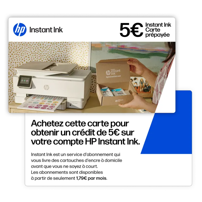 HP Instant Ink - Carte prépayée et abonnement d'encre originale, livraison automatique d'encre HP, recyclage gratuit, économies jusqu'à 70 %