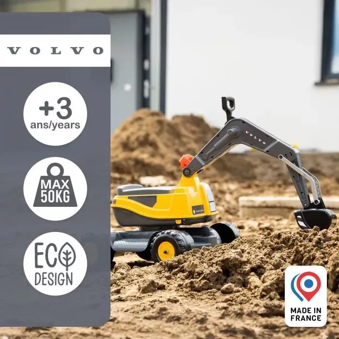Falk Pelleteuse Volvo - Jeu de construction miniature avec cabine rotative 360°, pelle articulée et siège ouvrant - Jouet résistant pour enfant de 3 à 7 ans - Fabriqué en France