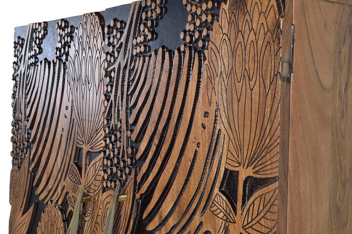 Giner y Colomer Buffet à bouteilles en acacia massif sculpté à la main, finition naturelle avec détails noirs, 160x100x40 cm