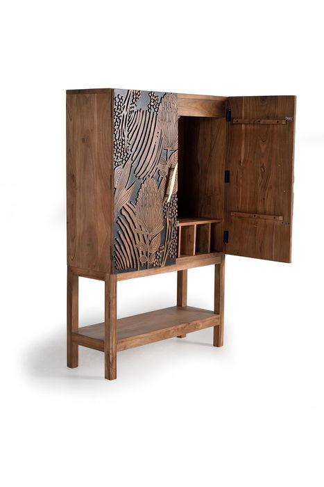 Giner y Colomer Buffet à bouteilles en acacia massif sculpté à la main, finition naturelle avec détails noirs, 160x100x40 cm