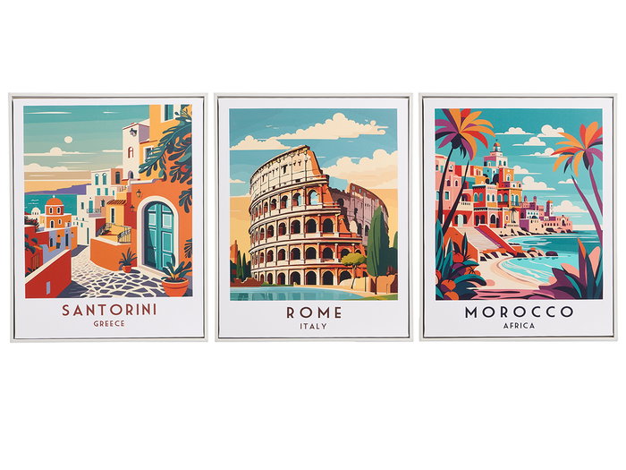 Giftdecor Tableau Villes Assorties 40x50 cm Toile et MDF Cadre Blanc (Set de 6)