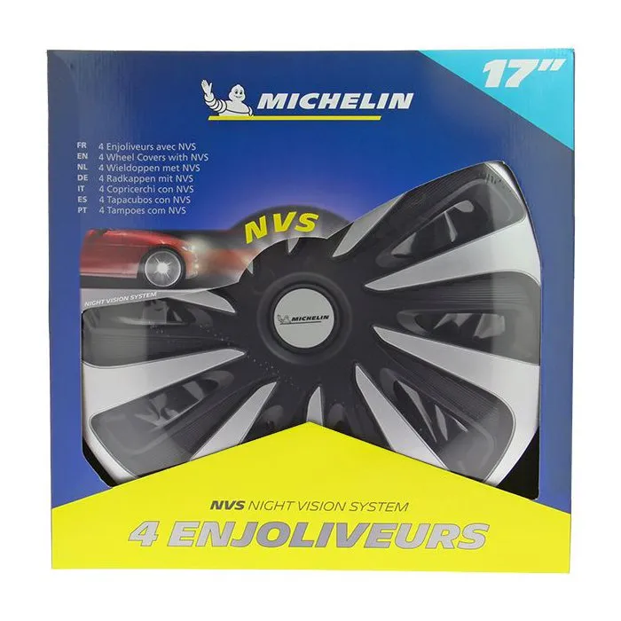 MICHELIN - Lot de 4 Enjoliveurs 17" NVS 3D ABS Carbone Noir à clipser, Vernis haute finition, Réflecteur de sécurité nocturne