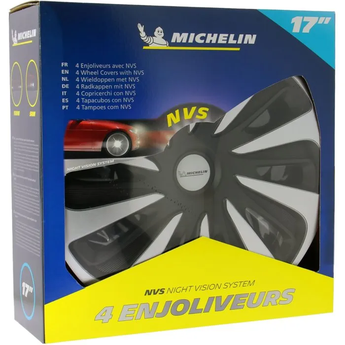MICHELIN - Lot de 4 Enjoliveurs 17" NVS 3D ABS Carbone Noir à clipser, Vernis haute finition, Réflecteur de sécurité nocturne