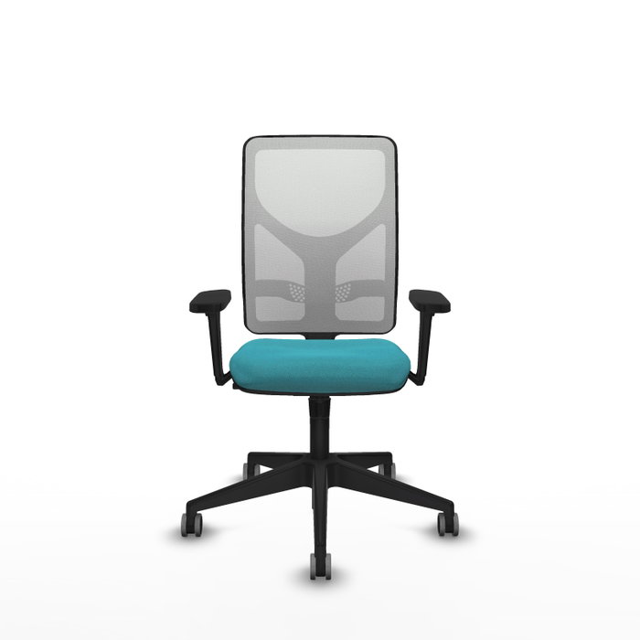 Chaise Motilla Synchro 3 positions tissu Turquoise Maille Blanc Base pyramidale noire Accoudoir 3D Sans appui-tête Roulettes 65mm pour moquette