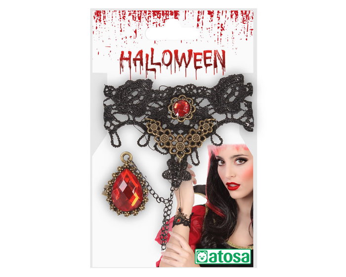 Pulsera Bracelet pour femme adulte avec bague chaînée, dentelle et gemme rouge - Style gothique élégant pour déguisement Halloween, vampire, sorcière ou cosplay