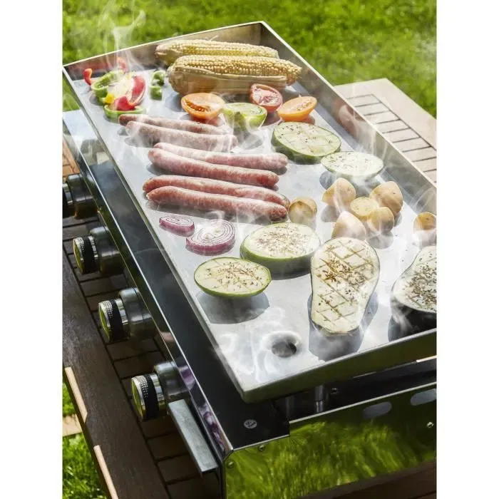 Cookingbox Plancha à Gaz Brasilia II - 4 Feux, 10 kW, Surface Inox 84 x 34 cm, Professionnelle, avec Allumage Piézo et Tiroir à Graisse
