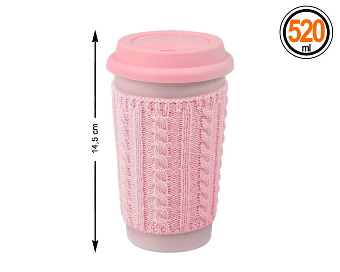 Tasse en céramique rose avec bavoir et couvercle 520 mL - Tasse à thé ou café avec manchon isolant en silicone et couvercle assorti - Tasse de 15 cm de hauteur et 9 cm de diamètre