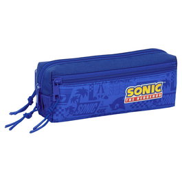 SAFTA - Trousses scolaire triple Sonic the Hedgehog (Sonic le Hérisson) avec 3 compartiments à fermeture éclair et élastique de fixation - 22 x 8,5 x 6 cm