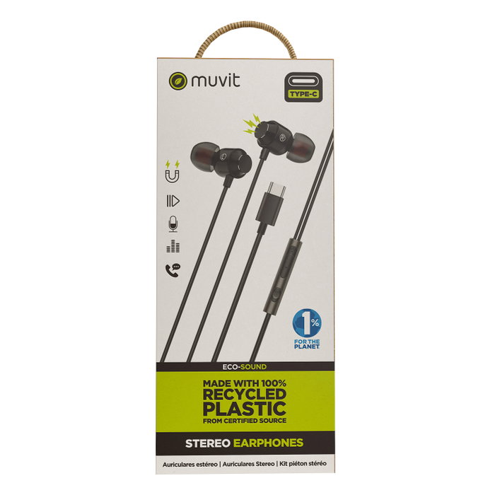 Muvit M32 Casque Magnétique USB Type-C avec Micro, 100% Plastique Recyclé, Écouteurs Stéréo