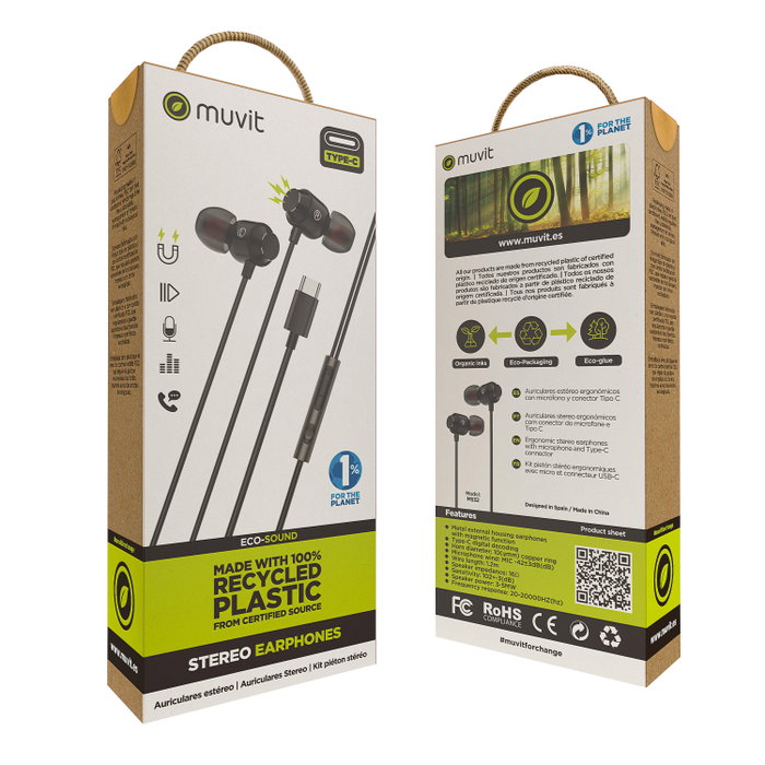 Muvit M32 Casque Magnétique USB Type-C avec Micro, 100% Plastique Recyclé, Écouteurs Stéréo