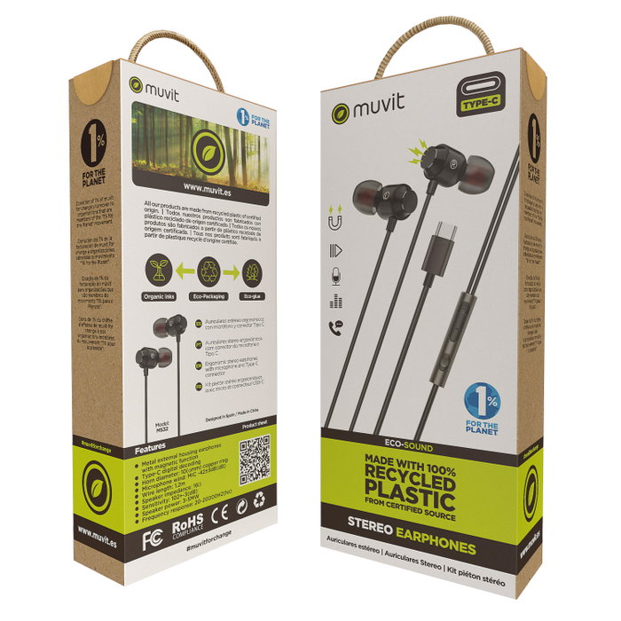 Muvit M32 Casque Magnétique USB Type-C avec Micro, 100% Plastique Recyclé, Écouteurs Stéréo