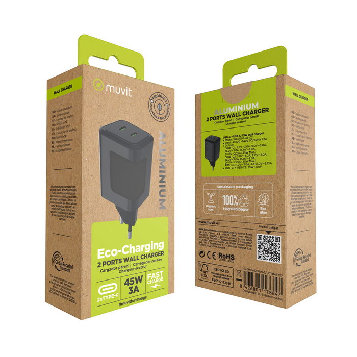 Chargeur mural Muvit WCEU66-45-C2 Argenté 45 W
