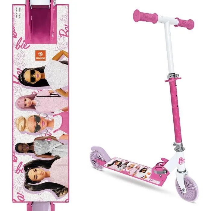 Mondo Trottinette Pliable 2 Roues Barbie pour Enfants - Guidon Réglable, Roues PVC 12 cm, Roulements ABEC-5, Portée 50 kg, Aluminium