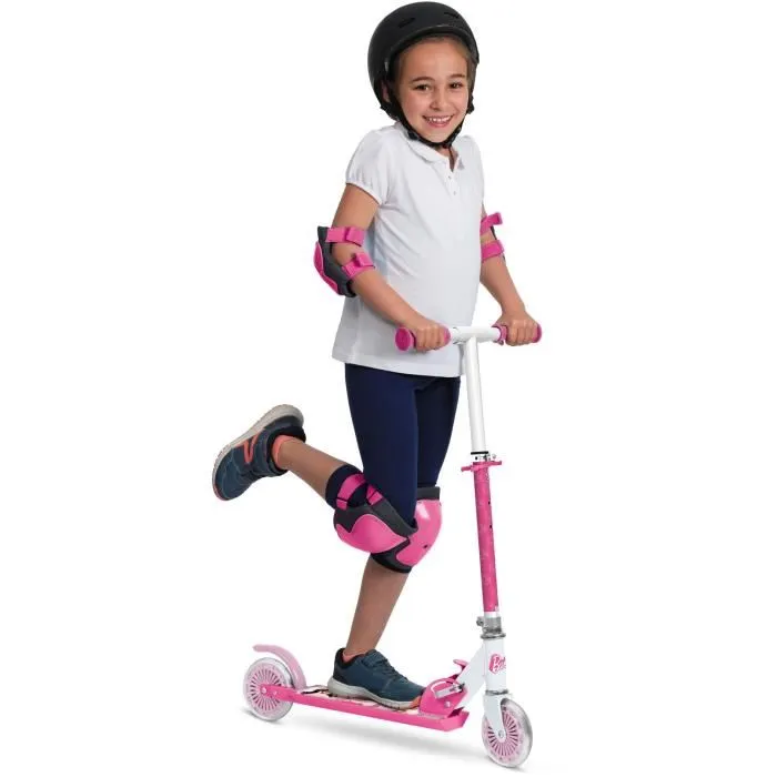 Mondo Trottinette Pliable 2 Roues Barbie pour Enfants - Guidon Réglable, Roues PVC 12 cm, Roulements ABEC-5, Portée 50 kg, Aluminium