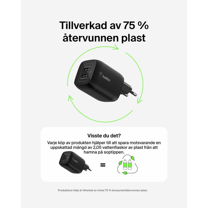 Belkin Chargeur secteur double port USB-C 65 W pour Nintendo Switch 2 - Noir