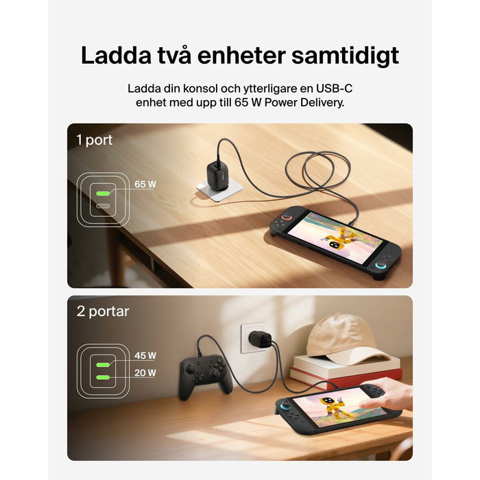 Belkin Chargeur secteur double port USB-C 65 W pour Nintendo Switch 2 - Noir