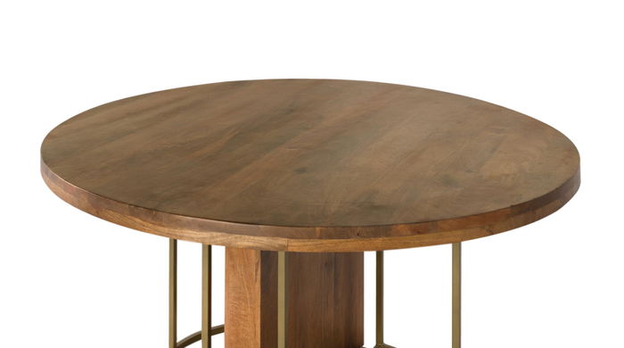 GINER Y COLOMER Table de salle à manger ronde en bois de manguier massif 150 cm, couleur noisette avec piètement en fer doré, design industriel élégant