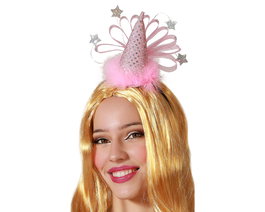 Diadème de fête Carnaval Femme Adulte avec plumes et décor étoilé, idéal pour anniversaire et thème féerique en rose