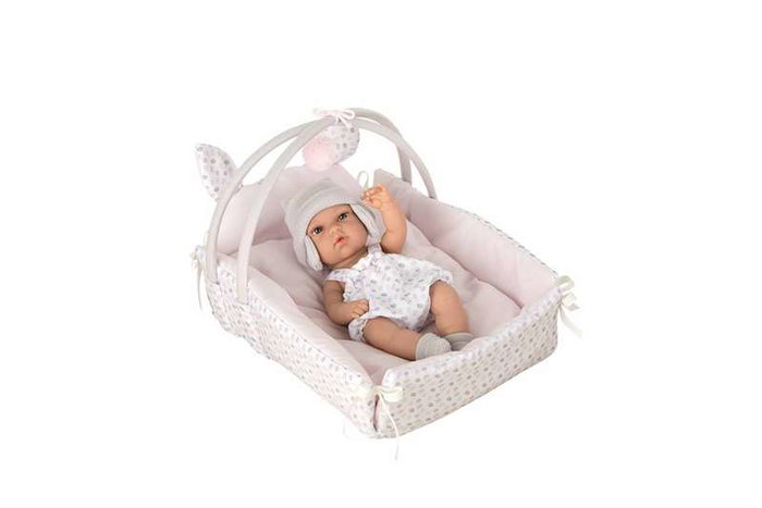 Muñecas Arias - Poupée Elegance 33 cm Nativité avec Berceau (Berceau: 26x37x24 cm) - Langue produit : Espagnol