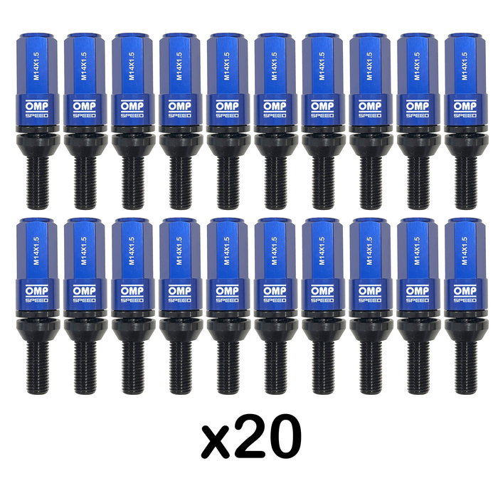 Omp OMPS09981407 Jeu De 20 Boulons De Roue En Aluminium M14x1.5 Clé De 17-19 Longueur 28 mm Protecteur Bleu