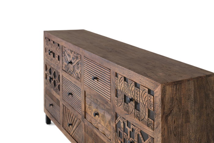 GINER Y COLOMER Buffet en Mango Massif Fait Main 160 cm, Meuble de Salon avec Porte et Tiroirs, Style Rustique Moderne avec Base en Fer Noir