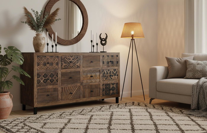 GINER Y COLOMER Buffet en Mango Massif Fait Main 160 cm, Meuble de Salon avec Porte et Tiroirs, Style Rustique Moderne avec Base en Fer Noir