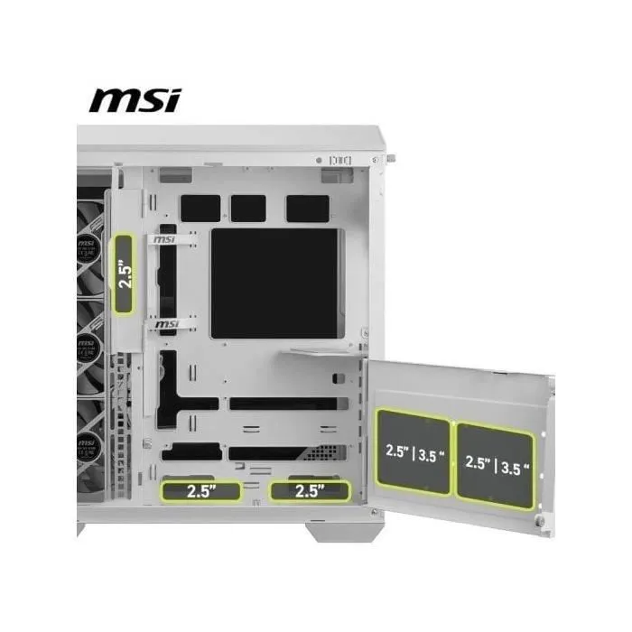 MSI 306-7G26W22-HH9 Boîtier PC MAG PANO 100R PZ, Format Midi-Tower, Blanc, Avec Panneau Latéral en Verre Trempé et Ventilateurs ARGB Préinstallés