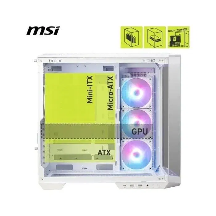 MSI 306-7G26W22-HH9 Boîtier PC MAG PANO 100R PZ, Format Midi-Tower, Blanc, Avec Panneau Latéral en Verre Trempé et Ventilateurs ARGB Préinstallés