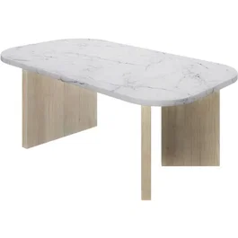 Diagone Table basse ovale QUARTZ, blanc effet marbre, pieds en chêne, dimensions 105x58x39 cm